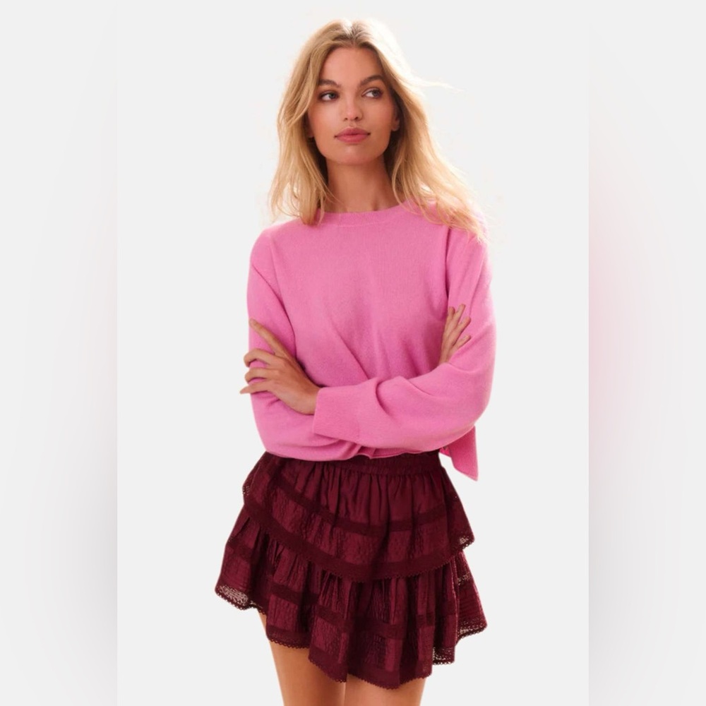 LoveShackFancy Ruffle Tiered Mini Skirt, Oxblood Maroon, Flowy & Elastic Waist